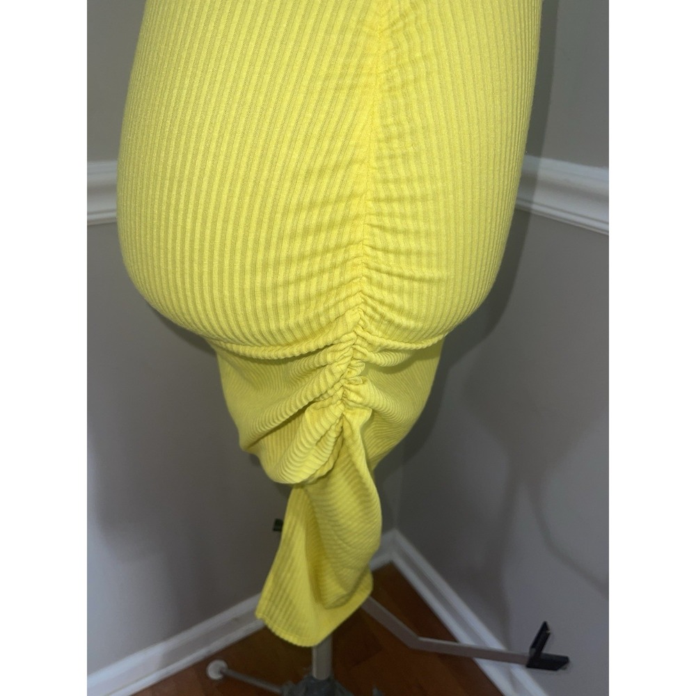 Antistar Bodycon Tank Dress Medium Yellow Ribbed Knit Side Slits Midi Ruched New - Picture 2 of 4